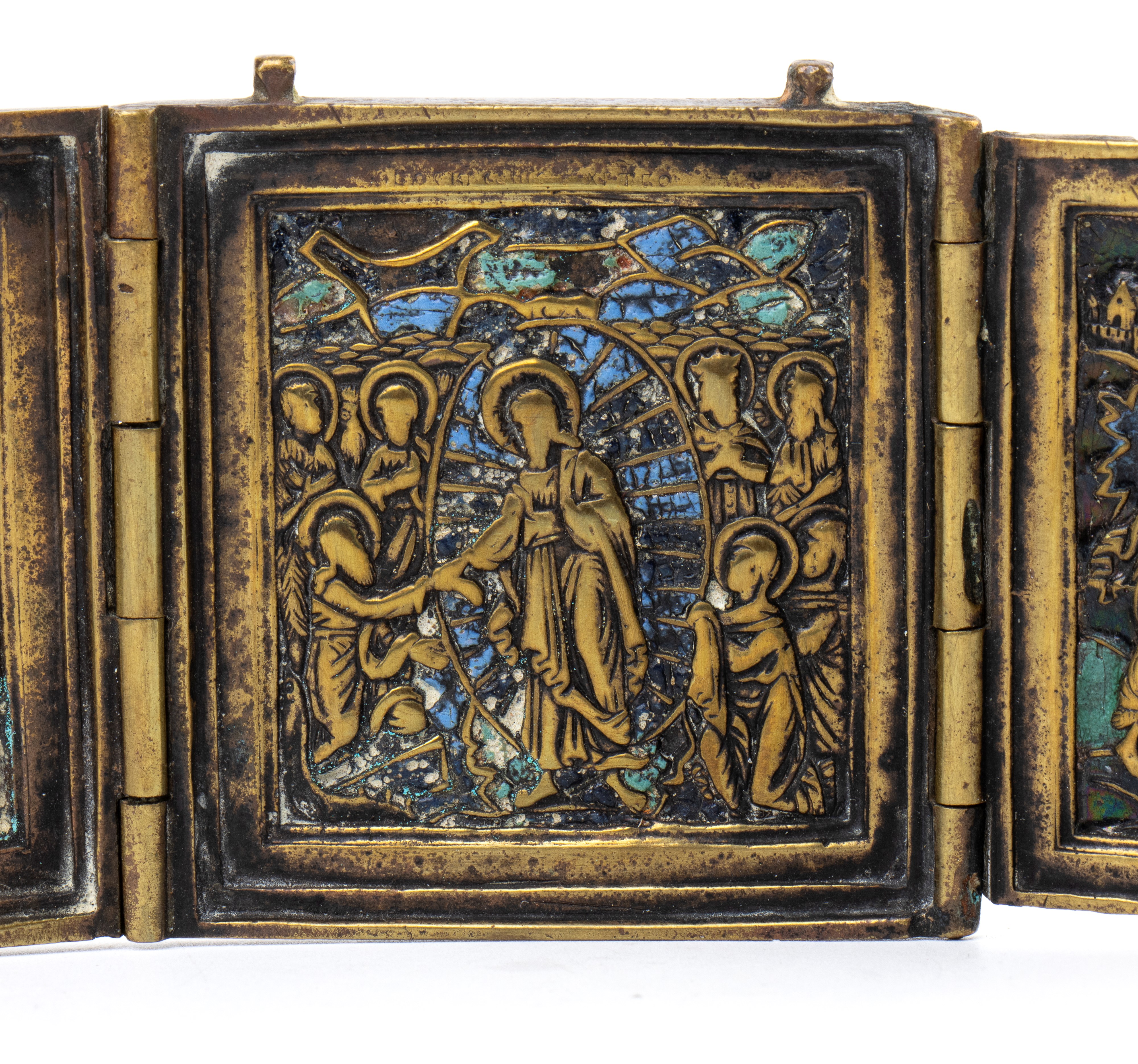 Trittico da viaggio raffigurante le Feste, fusione in bronzo con smalti policromi (XIX secolo)