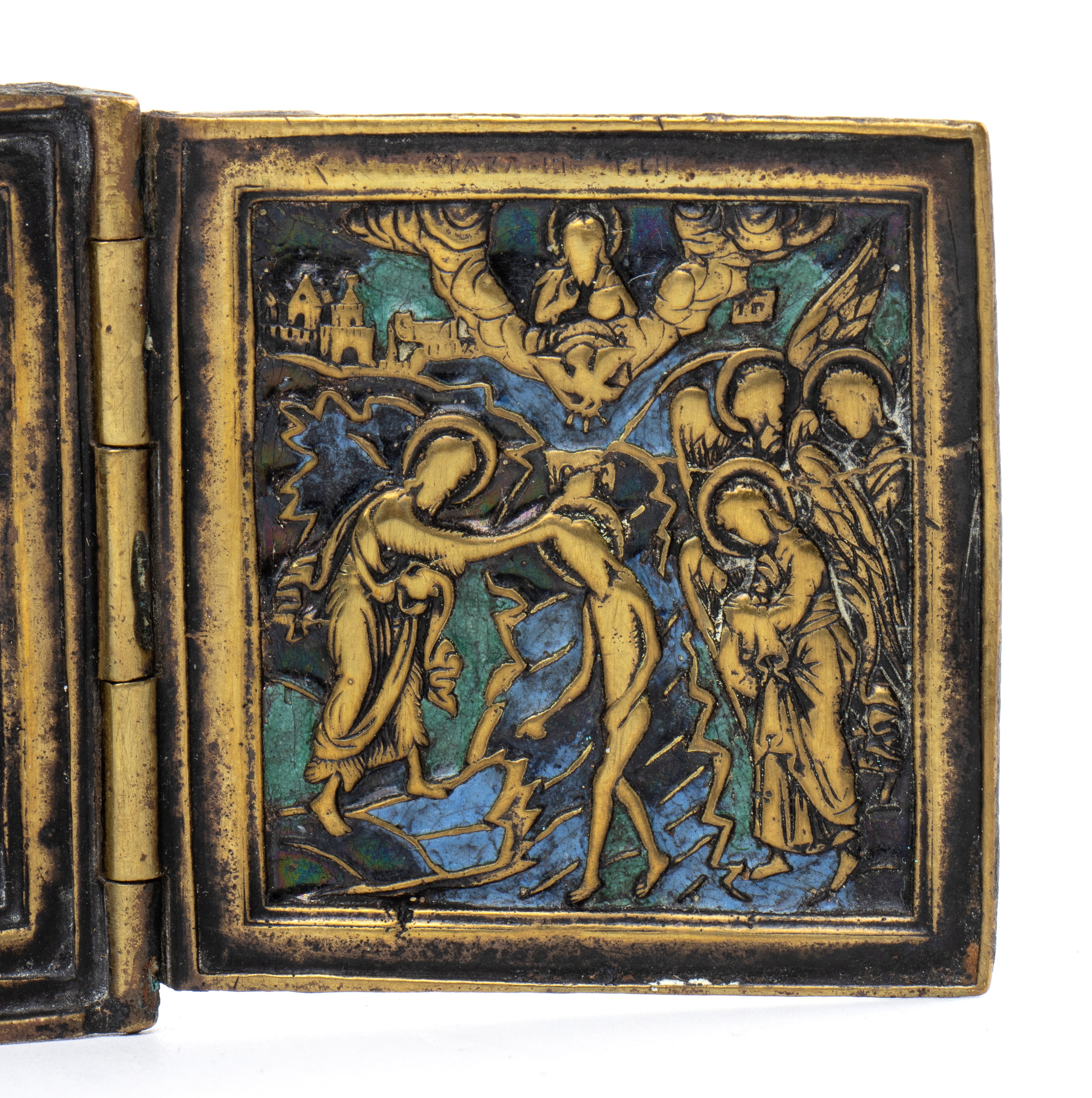 Trittico da viaggio raffigurante le Feste, fusione in bronzo con smalti policromi (XIX secolo)