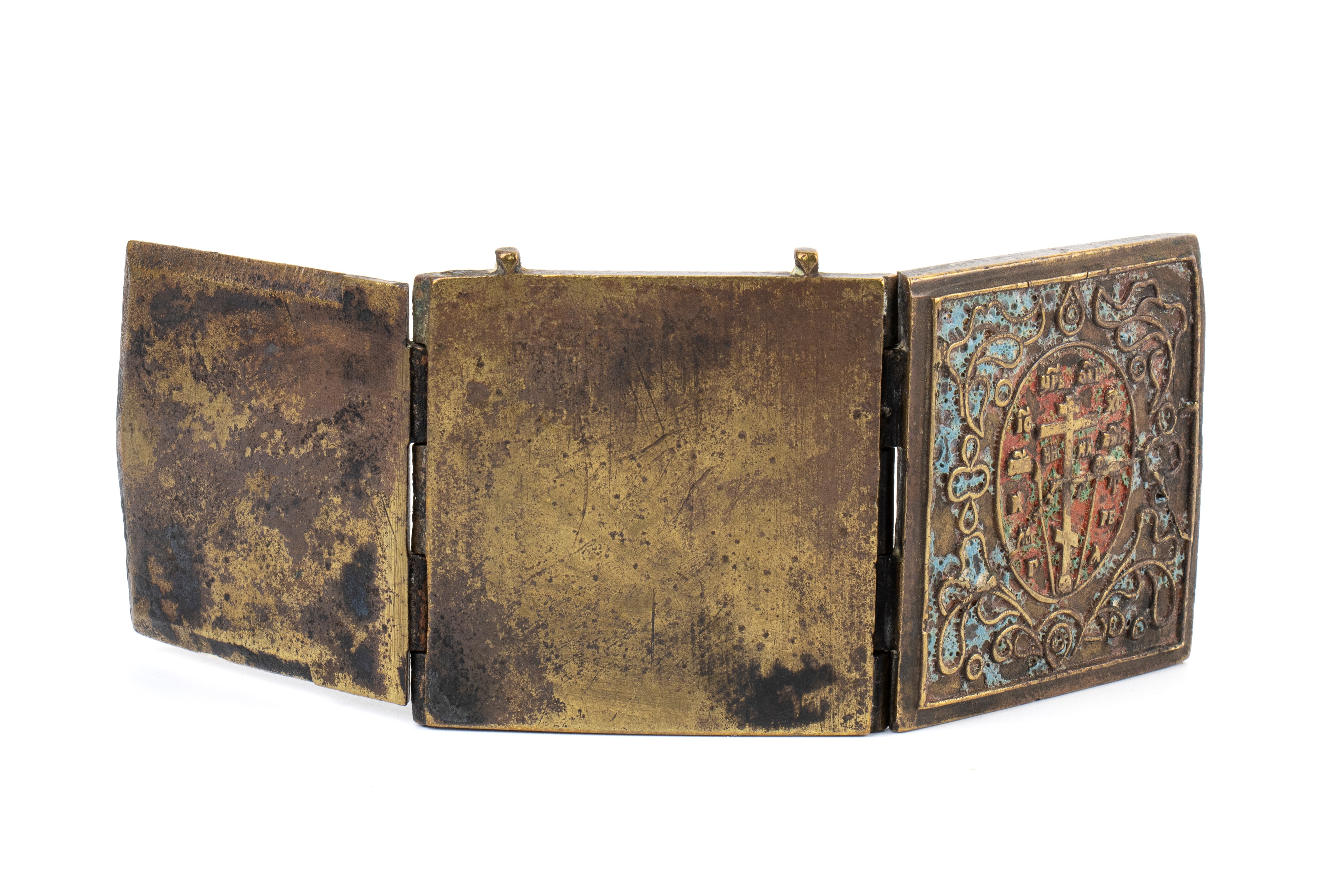 Trittico da viaggio raffigurante le Feste, fusione in bronzo con smalti policromi (XIX secolo)