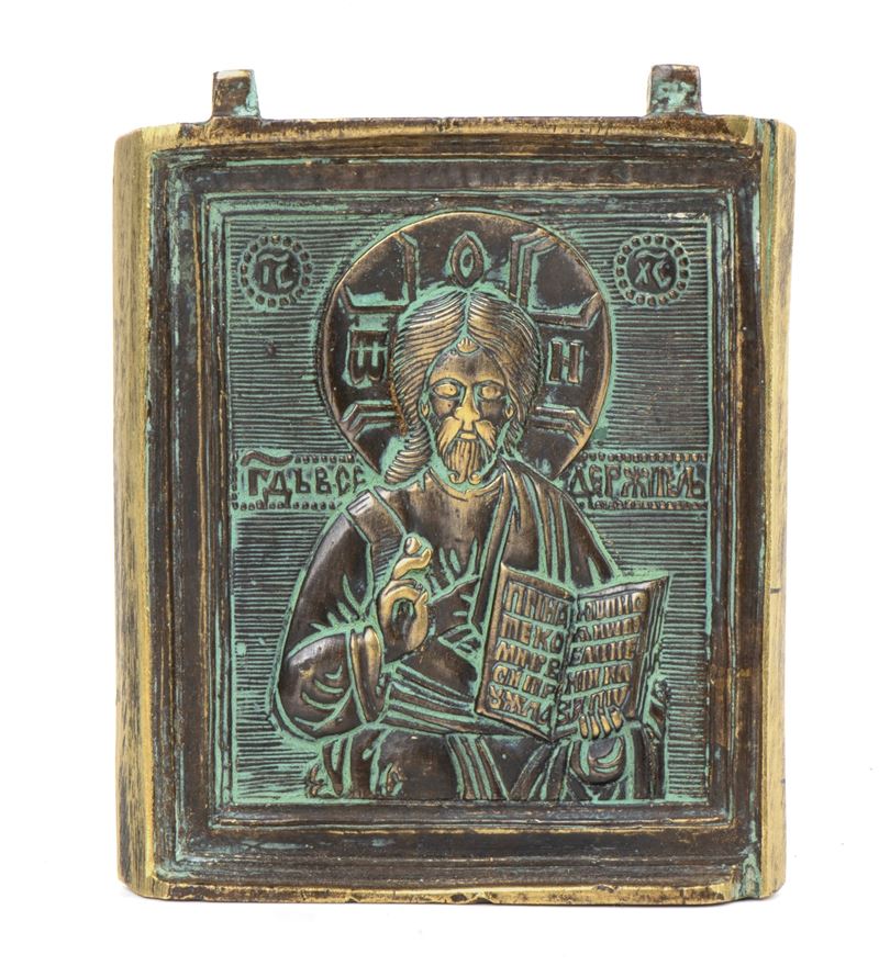 Icona da viaggio raffigurante il Pantocratore, fusione in bronzo,  XIX secolo