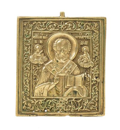 Icona da viaggio raffigurante San Nicola di Mira, fusione in bronzo (XIX secolo)