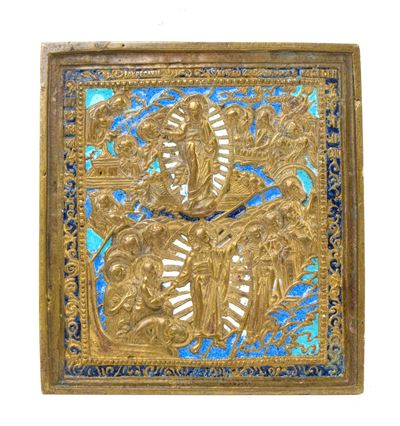 Icona da viaggio del Ciclo Pasquale (Anastasis e Risurrezione dal Sepolcro), fusione in bronzo co...