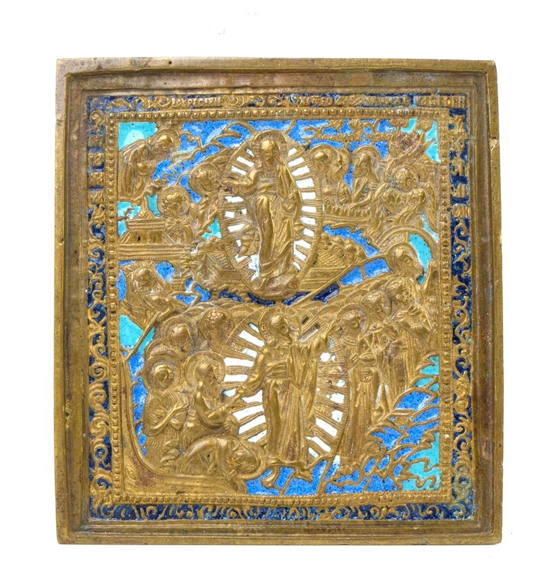 Icona da viaggio del Ciclo Pasquale (Anastasis e Risurrezione dal Sepolcro), fusione in bronzo co...