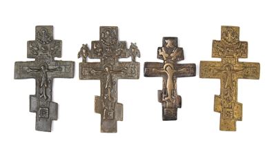 Lotto di 4 icone, Crocifissione, fusione in bronzo (XVIII-XIX secolo)