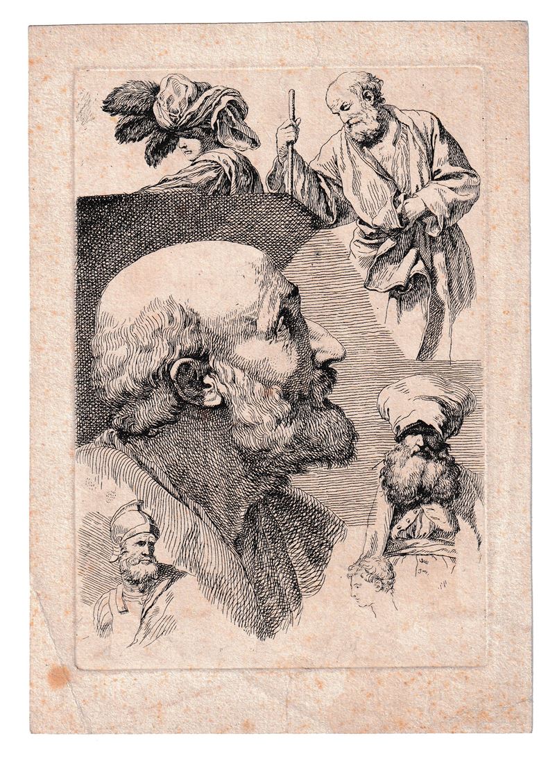 René Michel (michel Ange) Slodtz - Studi di teste e figure, acquaforte
