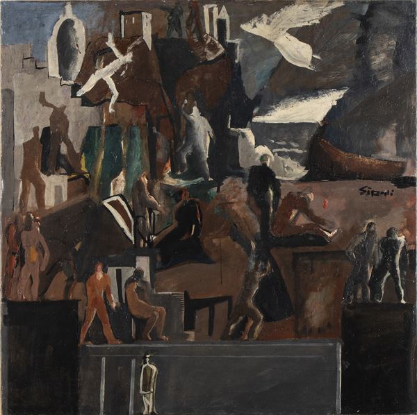 MARIO SIRONI - Composizione, bozzetto per l'affresco "Le opere e i giorni"