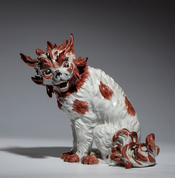 Polychrome porcelain dog of the Bolognese type by Edmé Samson