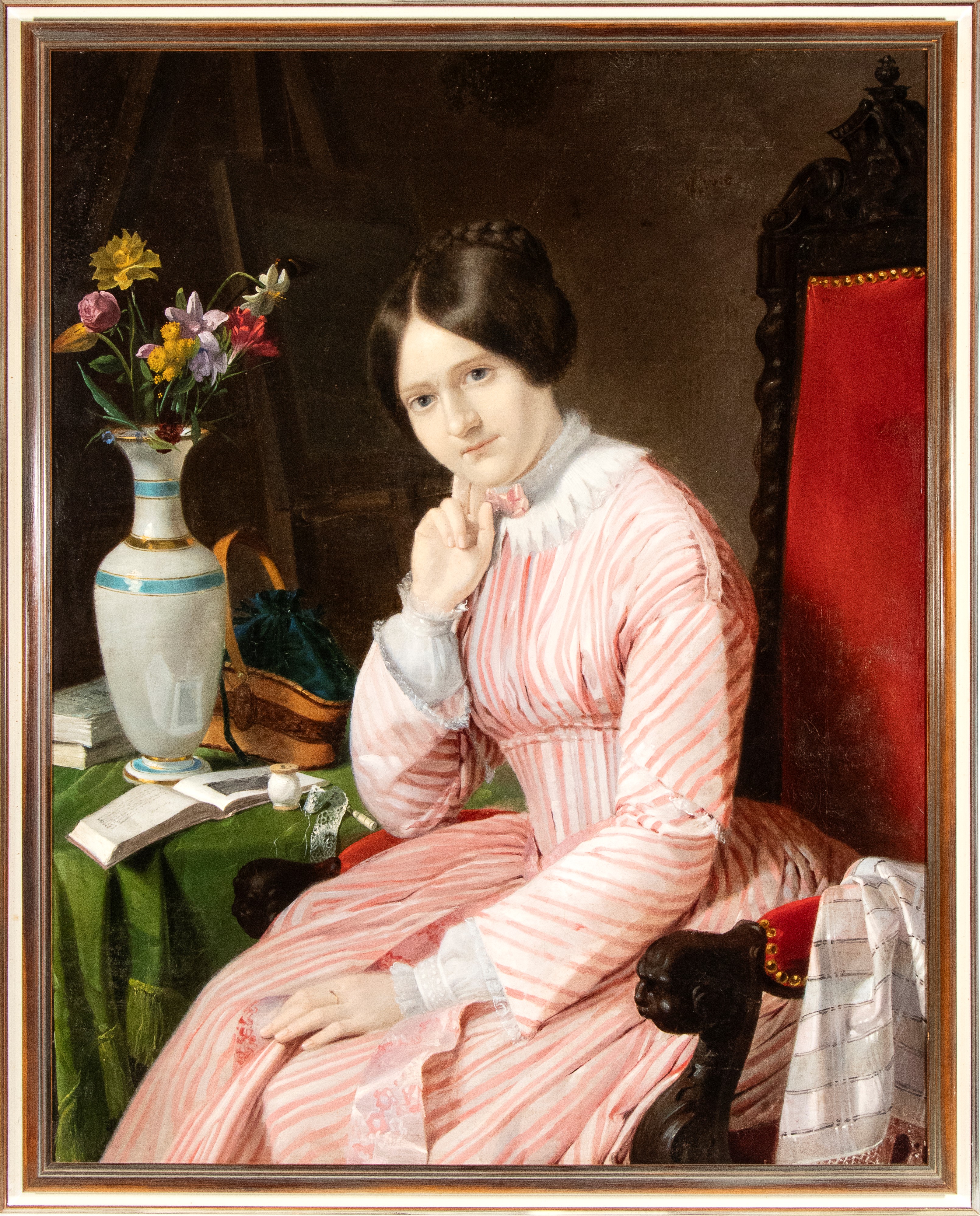 Ritratto di giovane dama seduta con vaso di fiori