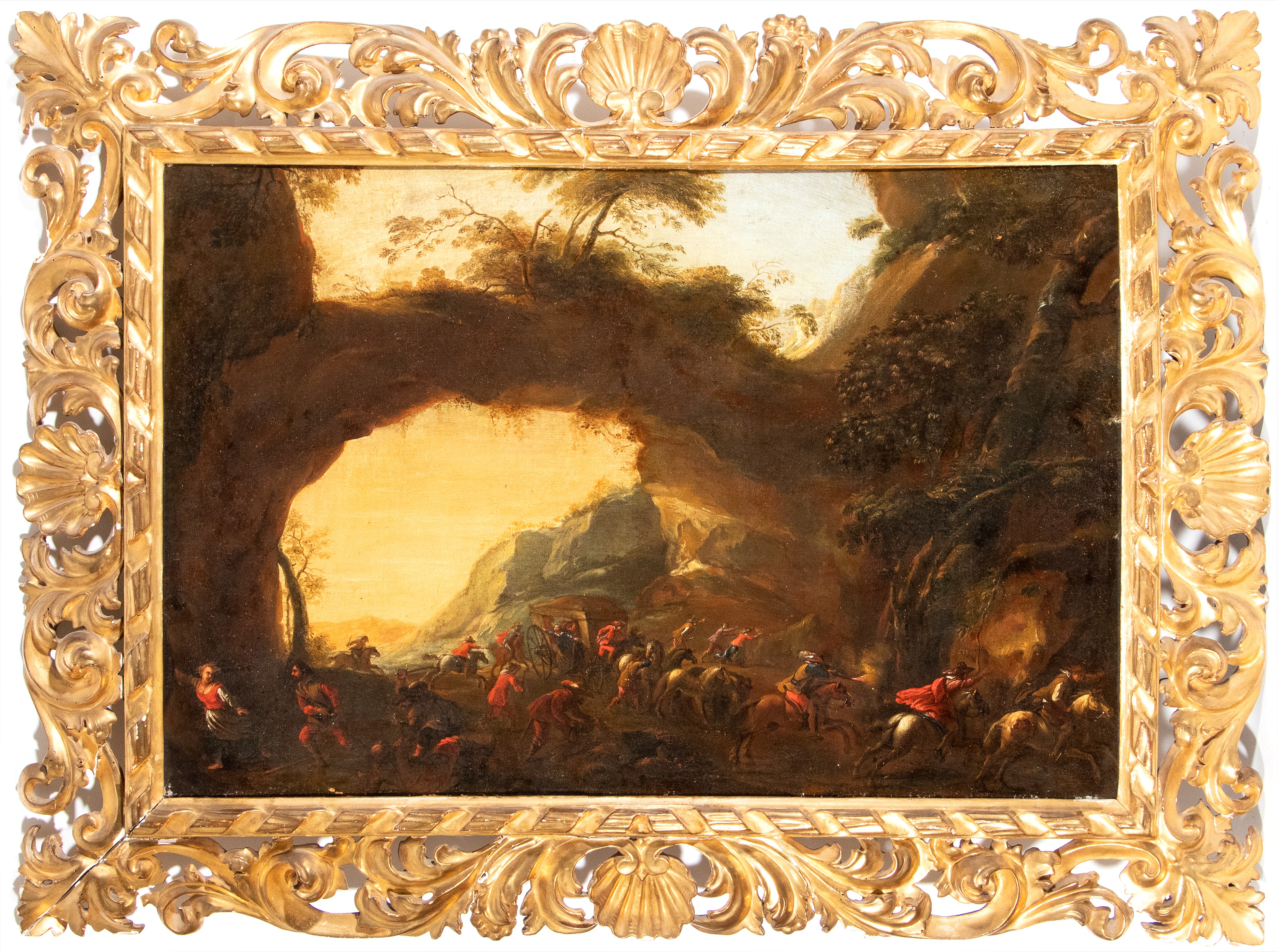 Quadro paesaggio con agguato di briganti e carrozza