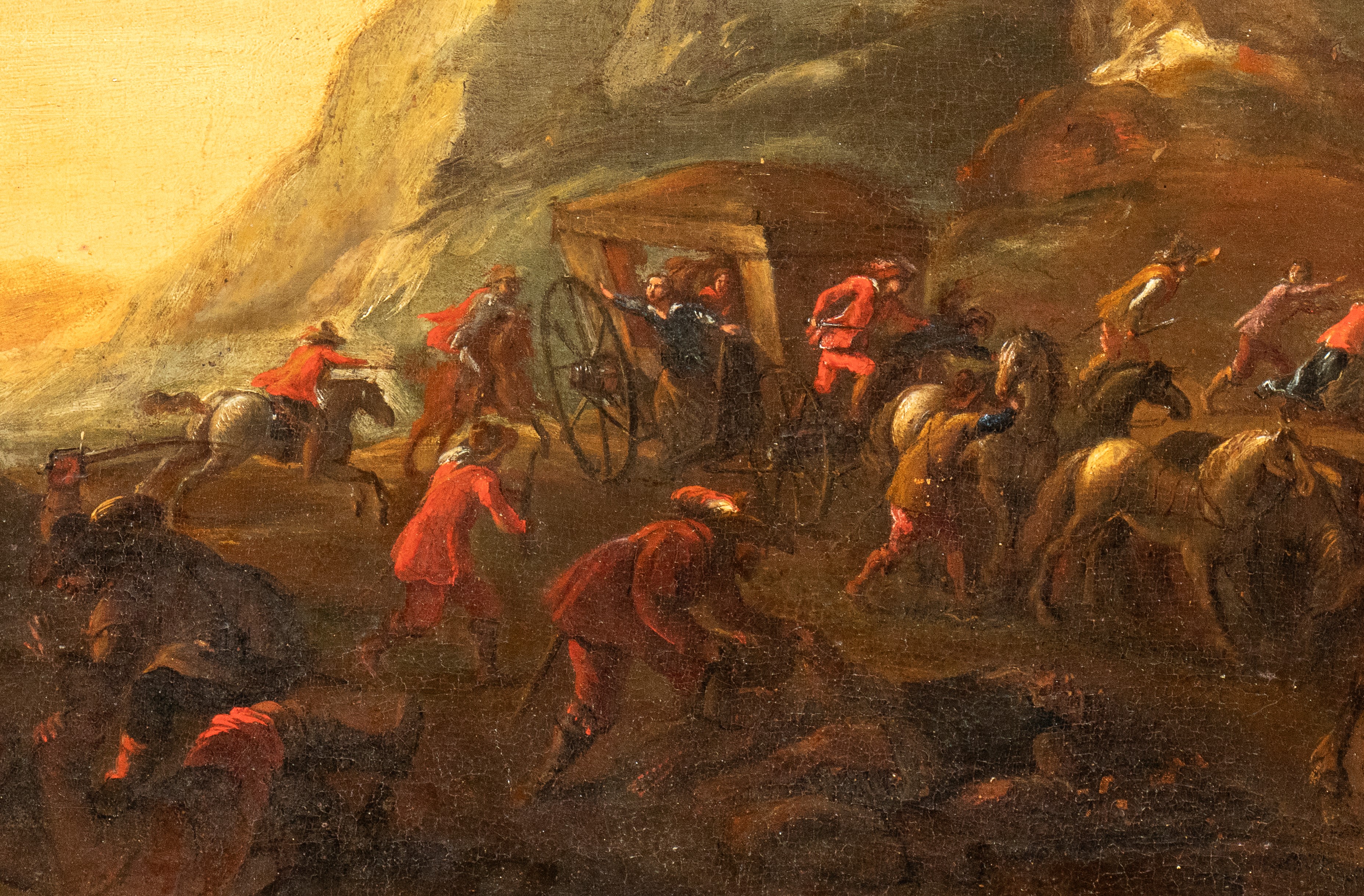 Quadro paesaggio con agguato di briganti e carrozza