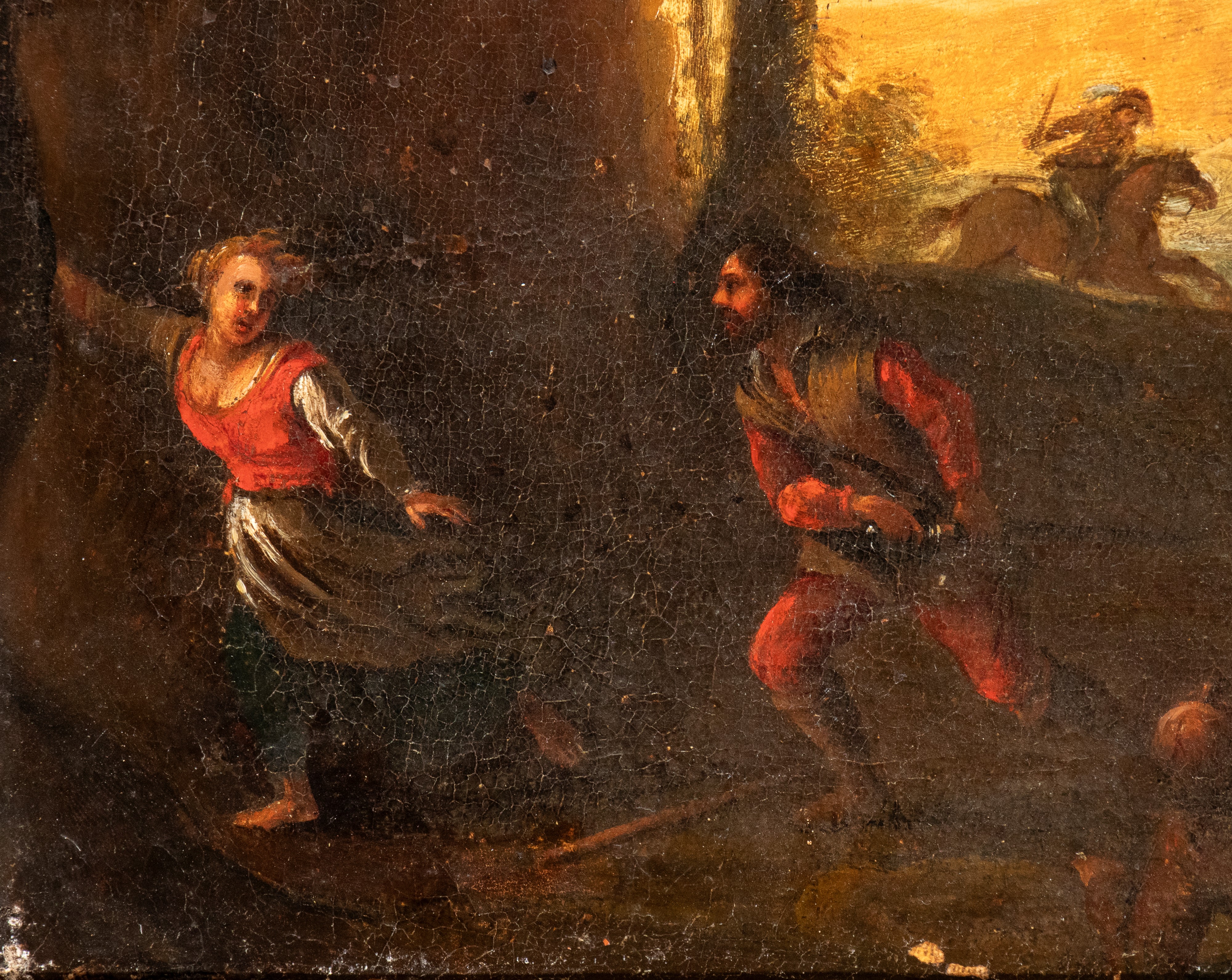 Quadro paesaggio con agguato di briganti e carrozza