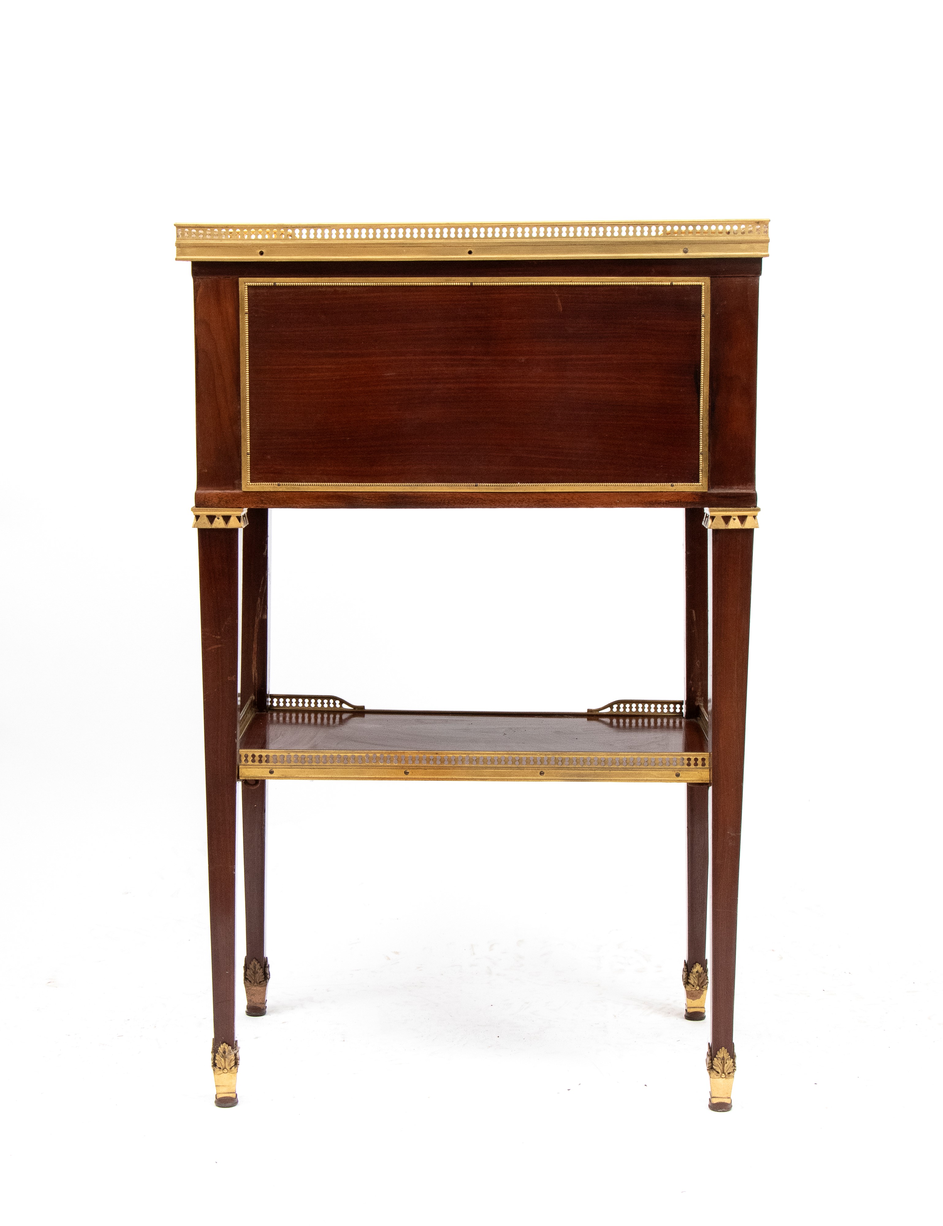 Mobile Luigi XVI, comodino in mogano con piano in marmo bianco e bronzi dorati, Francia XIX secol...