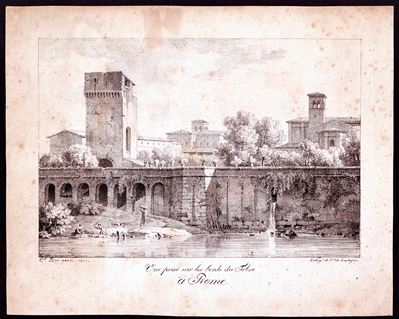 Veduta delle rive del Tevere a Roma, litografia