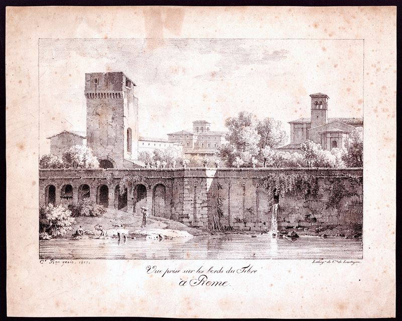Constant Bourgeois - Veduta delle rive del Tevere a Roma, litografia