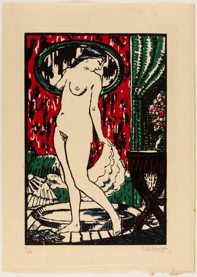 Figura femminile in piedi - xilografia a colori