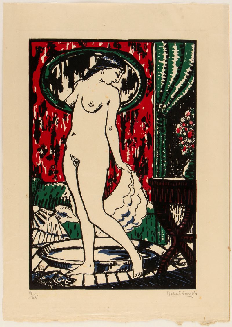 Robert Bonfils - Figura femminile in piedi - xilografia a colori