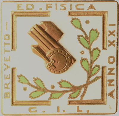 Distintivo della Gil, brevetto da istruttore di educazione fisica in metallo dorato e smalti