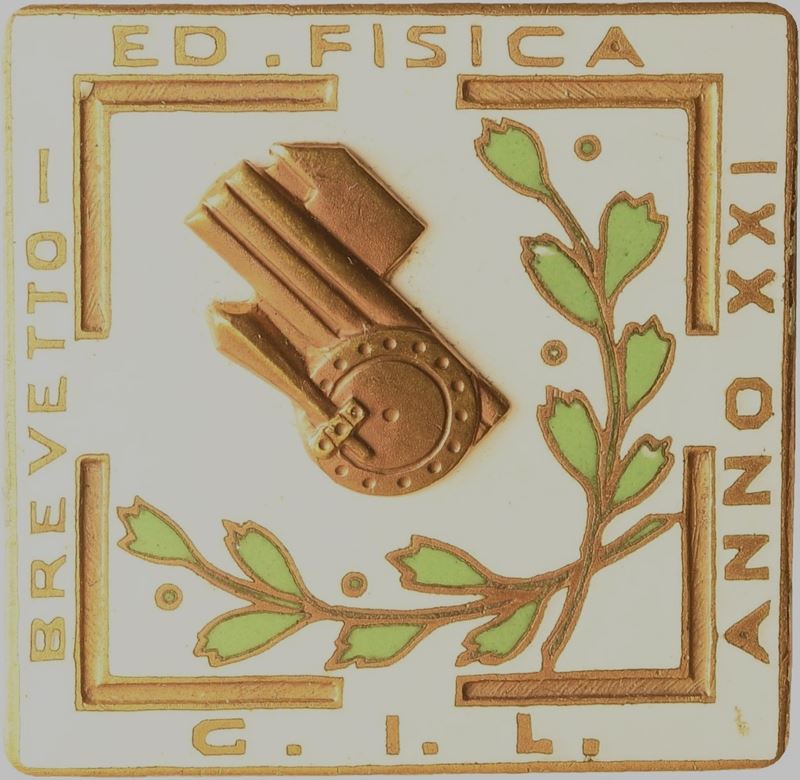 Distintivo della Gil, brevetto da istruttore di educazione fisica in metallo dorato e smalti