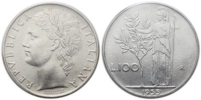 Italia, 100 Lire 1955 “Minerva” (1° Tipo), monetazione in Lire
