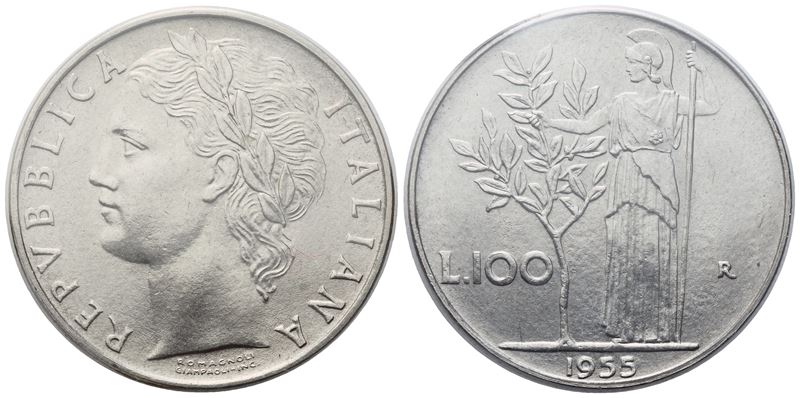 Italia, 100 Lire 1955 “Minerva” (1° Tipo), monetazione in Lire