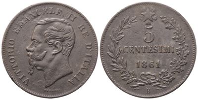 Vittorio Emanuele II, 5 Centesimi 1861 (Bologna) — moneta in rame