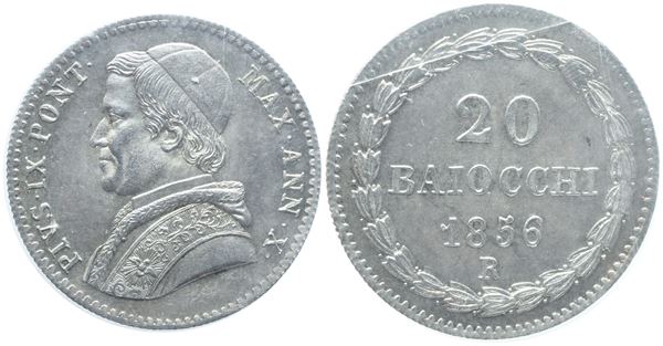STATO PONTIFICIO. Roma. Pio IX (1846-1870). 20 Baiocchi 1856; Ag (5,3 g; 23 mm)