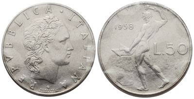 Repubblica Italiana, 50 Lire “Vulcano” (1° Tipo), 1958, conio in argento