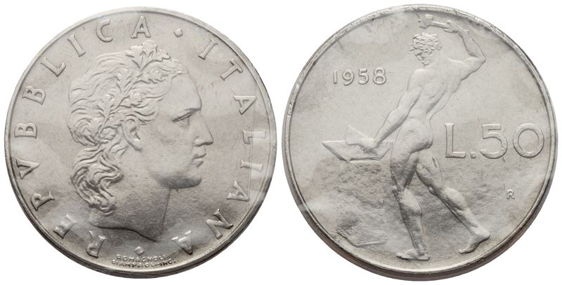 Repubblica Italiana, 50 Lire “Vulcano” (1° Tipo), 1958, conio in argento