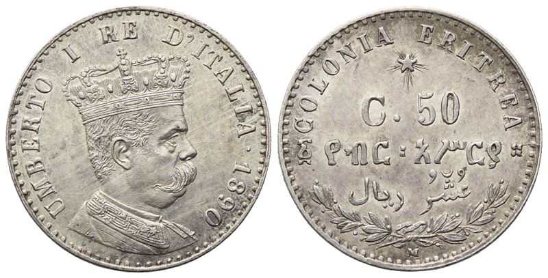 Regno d’Italia, Colonia Eritrea. Umberto I, 50 centesimi 1890 (Milano), argento