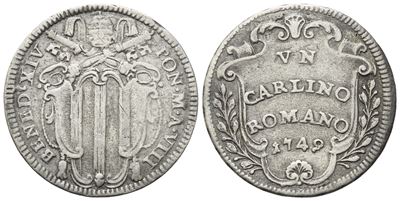Benedetto XIV, Carlino romano, 1749 (stato pontificio), argento