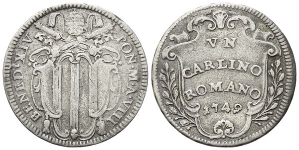 STATO PONTIFICIO. Roma. Benedetto XIV (1740-1758). Carlino 1749; Ag (2,66 g; 21 mm)