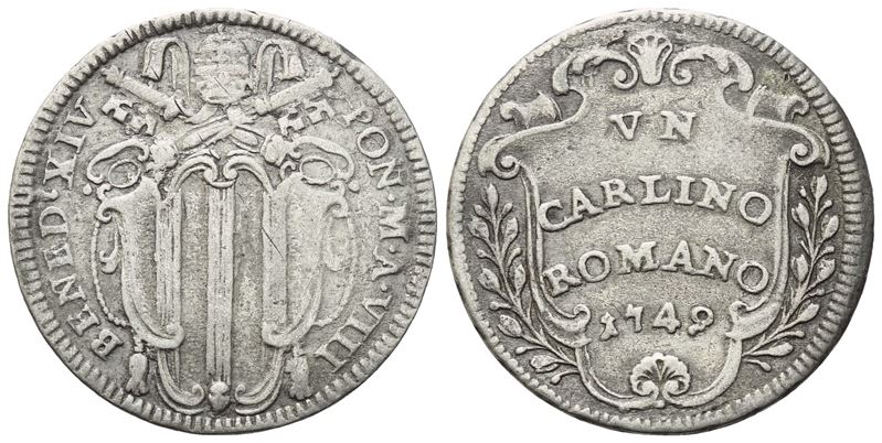 Benedetto XIV, Carlino romano, 1749 (stato pontificio), argento