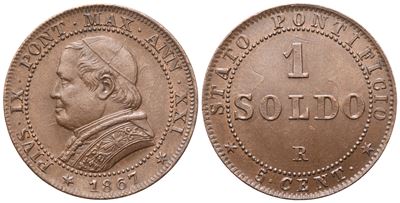 Pio IX, Stato Pontificio. Roma, 1 Soldo 1867 ribattuto