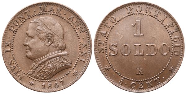 STATO PONTIFICIO. Roma. Pio IX (1846-1870). 1 Soldo 1867 ribattuto; Cu (4,90 g; 25,4 mm)