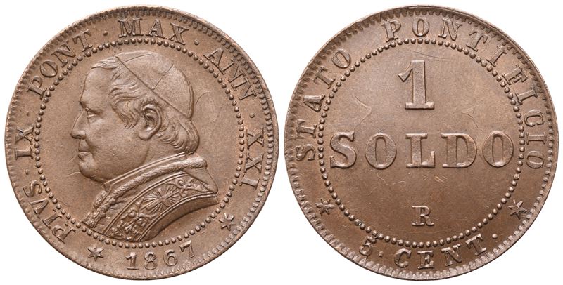 Pio IX, Stato Pontificio. Roma, 1 Soldo 1867 ribattuto