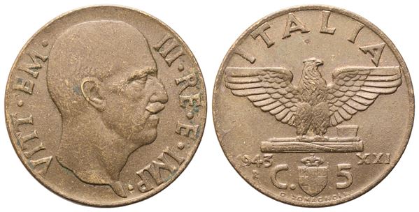 REGNO D'ITALIA. Vittorio Emanuele III (1900-1943). 5 Centesimi 1943; Ba (2,95 g; 19,2 mm)