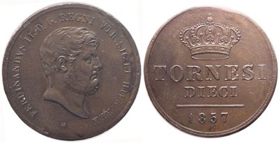 Ferdinando II di Borbone, Napoli. Regno delle Due Sicilie, 10 Tornesi 1857