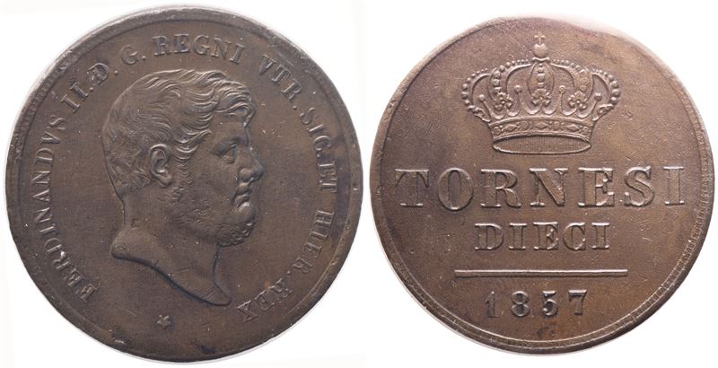 Ferdinando II di Borbone, Napoli. Regno delle Due Sicilie, 10 Tornesi 1857