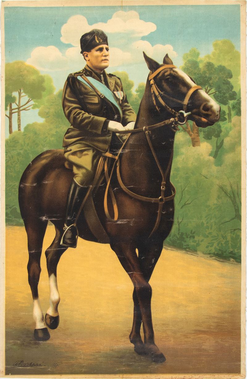 stampa telata con Benito Mussolini a cavallo