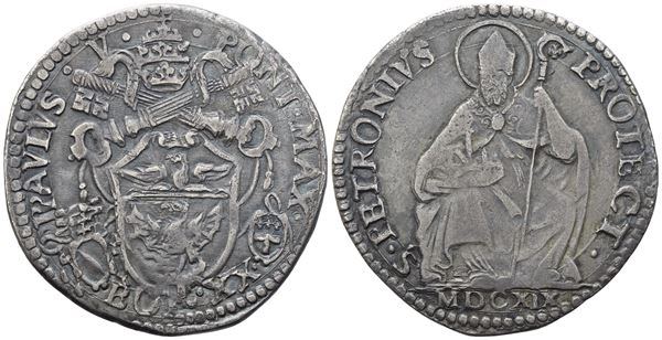 STATO PONTIFICIO. Bologna. Paolo V (1605-1621). Lira 1619; Ag (7,49 g; 30,8 mm)