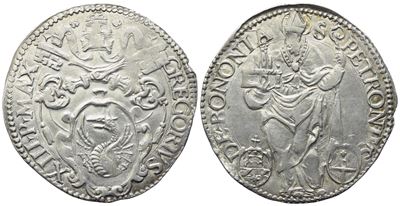 Gregorio XIII, Giulio (3,48 g; 27,3 mm) con stemma pontificio e San Petronio