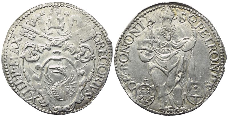 Gregorio XIII, Giulio (3,48 g; 27,3 mm) con stemma pontificio e San Petronio