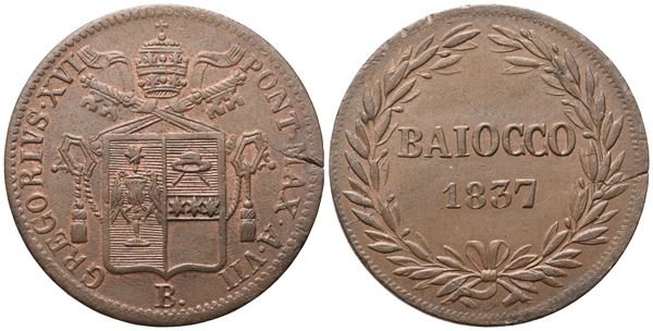 STATO PONTIFICIO. Bologna. Gregorio XVI (1831-1846). Baiocco 1837 – Anno VII; Cu (9,70 g; 29,8 mm)