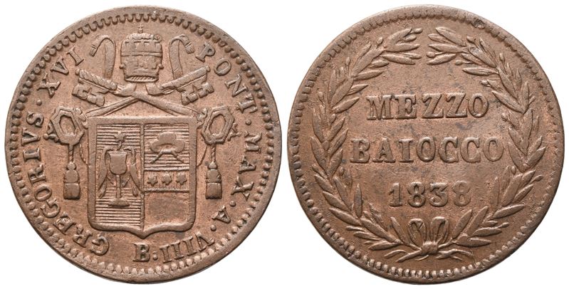 Gregorio XVI (1831-1846), Stato Pontificio, Mezzo Baiocco 1838 (Anno VIII), rame