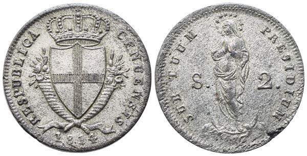 GENOVA. Repubblica. 2 Soldi 1814; Mi (2,14 g; 17,6 mm)