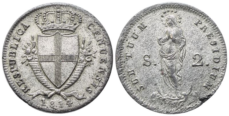 GENOVA. Repubblica. 2 Soldi 1814; Mi (2,14 g; 17,6 mm)