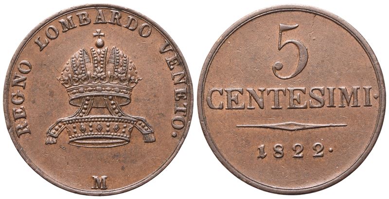 MILANO. Regno Lombardo-Veneto. Francesco I d'Asburgo Lorena (1815-1835), 5 Centesimi 1822; Cu (9 ...