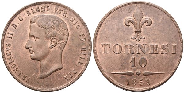 NAPOLI. Regno delle Due Sicilie. Francesco II di Borbone (1859-1860), 10 Tornesi 1859; Cu (31 g; 37 mm)