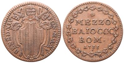 Benedetto XIV, Mezzo baiocco, Roma, 1755 (Anno XV) – Mezzo baiocco in rame