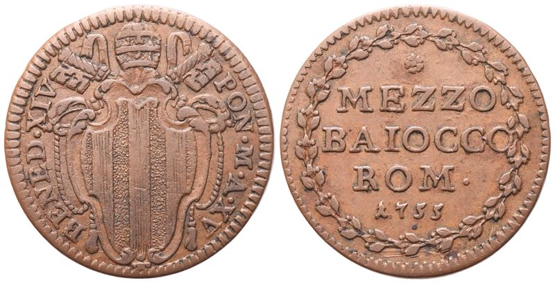 Benedetto XIV, Mezzo baiocco, Roma, 1755 (Anno XV) – Mezzo baiocco in rame